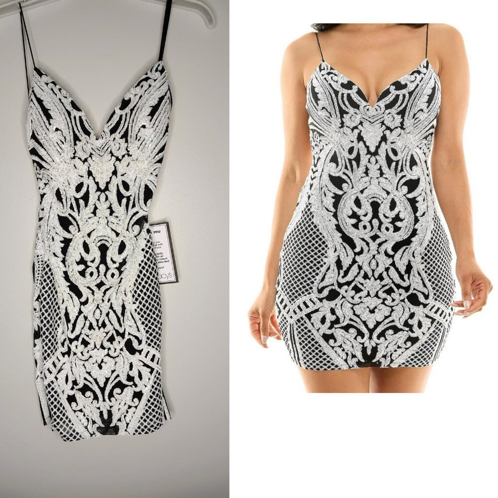 B.Darlin White Black Sequined Bodycon Low-back Mini Dress  Junior Size 1/2 New